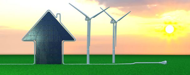 turbina eolica ed energia solare in paesaggio aperto - 3D Illustratio - Foto, immagini
