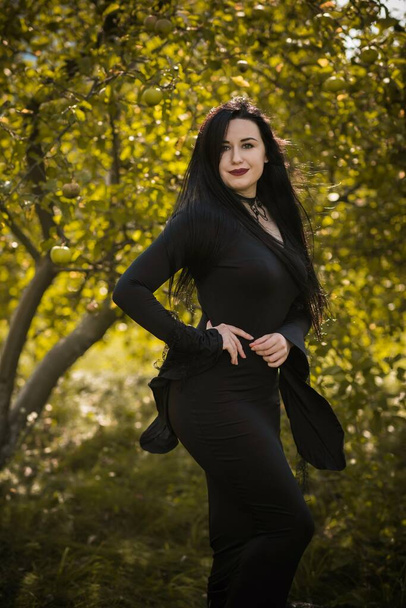 Jovem mulher bruxa bonita e misteriosa em vestido preto. Feriados de Halloween, tempo mágico - Foto, Imagem