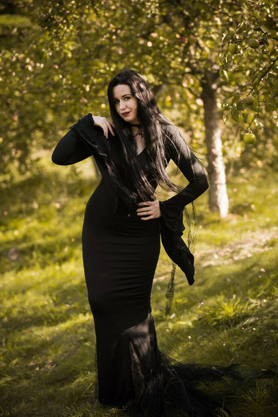Joven mujer hermosa y misteriosa bruja en vestido negro. Vacaciones de Halloween, tiempo mágico - Foto, imagen