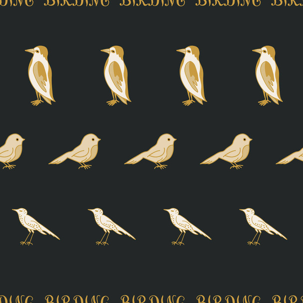 Gestreifte Vögel nahtlose Muster. Vögel und Wort Birding in einer Reihe auf schwarzem Hintergrund. Vektorillustration. Für Textilien, Packpapier, Verpackungen. - Vektor, Bild