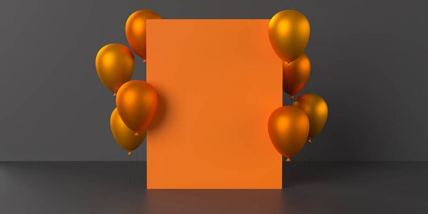 Orangefarbene Blanko-Glückwunschkarte mit metallisch glänzenden fliegenden Luftballons. Saisonale Web-Banner, Verkaufsposter oder Party-Einladungsvorlage auf dunklem Hintergrund, Kopierraum. 3D-Darstellung. - Foto, Bild