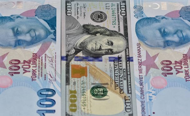 various country banknotes. US dollar and Turkish lira photos. - Fotó, kép