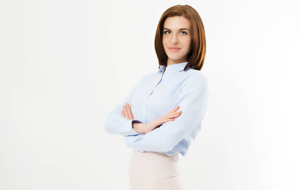 Selbstbewusste junge Managerin auf weißem Hintergrund - Porträt einer Geschäftsfrau. Gekreuzte Arme . - Foto, Bild