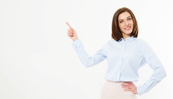 Portrait of young beautiful smile business woman pointing at white background - Foto, imagen