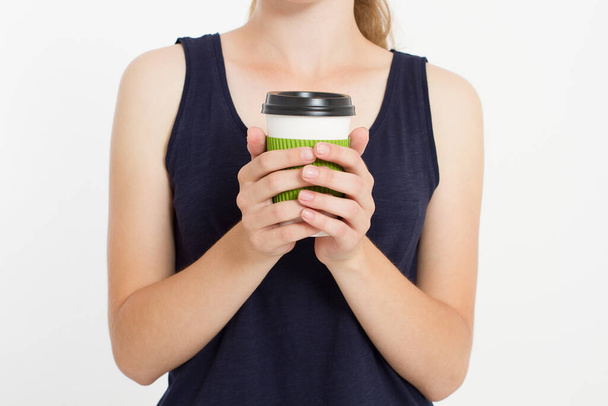 Girl with coffee. Morning drink.Top view. Mock up. Copy space. Template. Blank. - Photo, Image