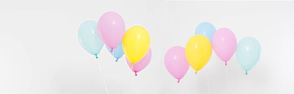 set,collage coloured balloons background. Celebration, holidays, summer concept. Design template, billboard or banner blank, top view, copy space. - Photo, Image