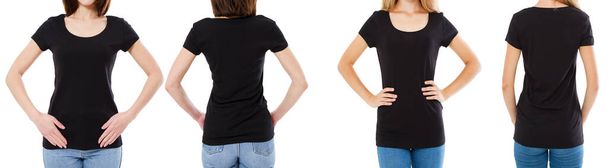 Két nő fekete pólóban: kivágott kép elölről és hátulról, póló készlet, álpóló üres - Fotó, kép