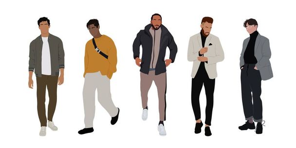 Street fashion men vector illustration. Young men wearing trendy modern street style outfit standing and walking. Cartoon style vector illustration isolated on white background. - Vector, afbeelding