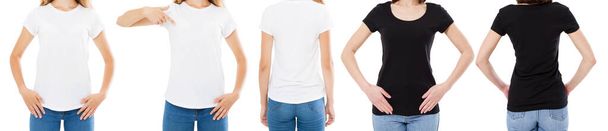 Γυναίκα σε λευκό και μαύρο μπλουζάκι απομονωμένη μπροστά και πίσω όψη Περικοπή εικόνα Λευκά T-shirt Επιλογές, Κορίτσι σε T-shirt Σετ. Mock Up. Σχεδιασμός πουκάμισου και άνθρωποι έννοια. - Φωτογραφία, εικόνα