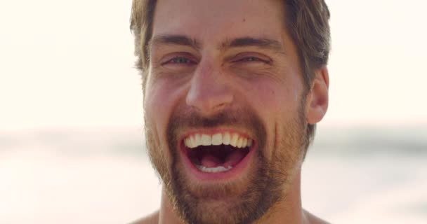 Happy, funny and portrait of man with big smile outdoor with sunshine and clear sky mockup or copy space. Laughing, handsome mature guy face closeup having fun on holiday break with mock up. - Footage, Video
