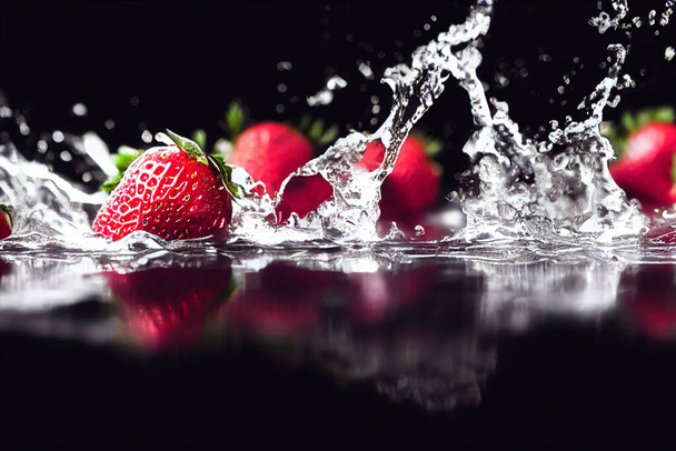 3D render illustration strawberries in water splash isolated on black background - Zdjęcie, obraz