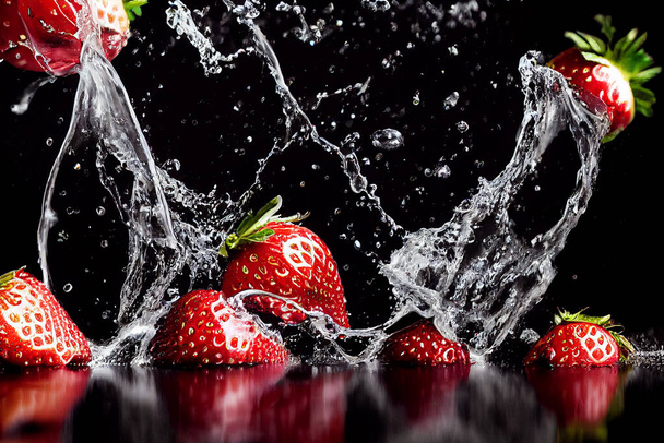 3D render illustration strawberries in water splash isolated on black background - Foto, afbeelding