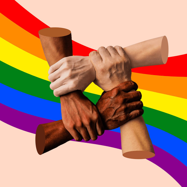 Ludzkie dłonie się trzymają. Symbol lesbijek, gejów, biseksualistów i transseksualistów, LGBT. Pojęcie relacji międzyludzkich, wspólnoty, różnorodności, symbolizmu, surrealizmu. - Zdjęcie, obraz