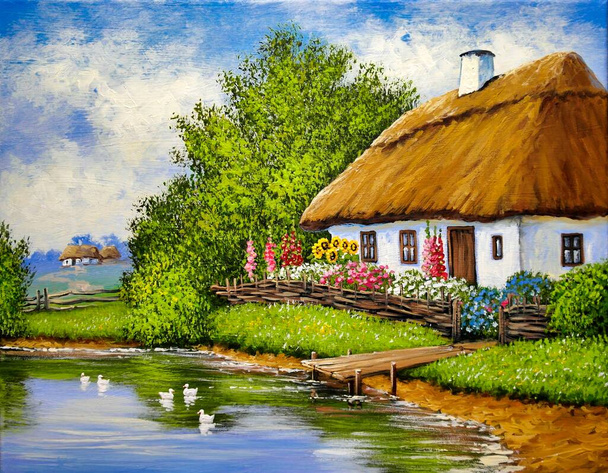 ウクライナの村にある古い小屋。油絵農村風景、美術、アートワーク - 写真・画像