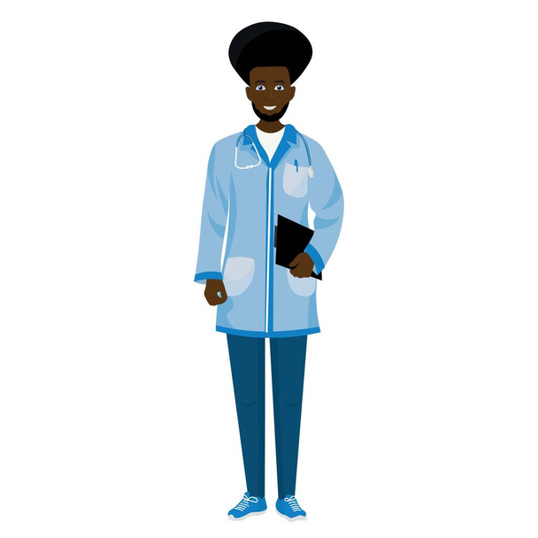 Médico afroamericano masculino sobre fondo blanco
 - Vector, imagen