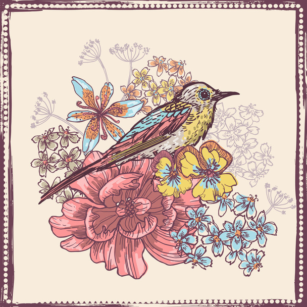 Hand drawn vintage botanical theme card with bird - ベクター画像