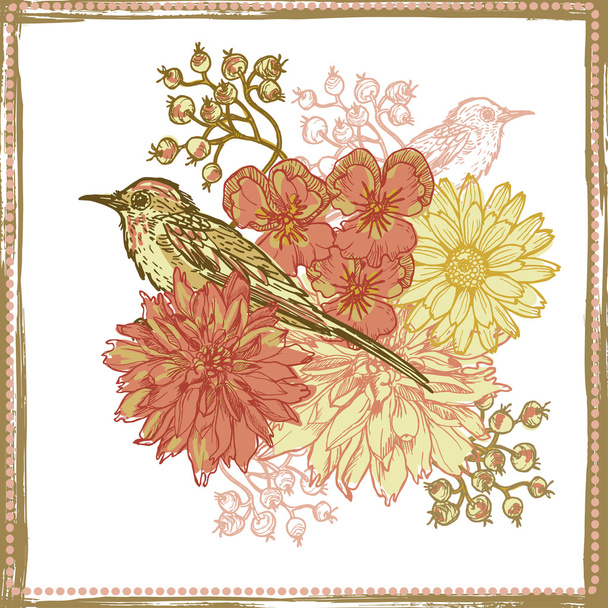 Carta temática botánica vintage dibujada a mano con pájaros
  - Vector, Imagen