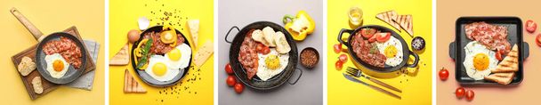 Коллаж вкусных яиц с беконом, овощами и хлебом на цветном фоне - Фото, изображение