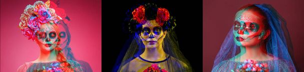 Колаж молодої жінки з намальованим черепом на обличчі до Дня мертвих у Мексиці. - Фото, зображення