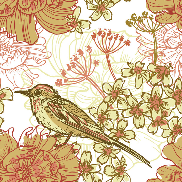 Hand drawn retro botanical  seamless pattern with bird - Vector, Image