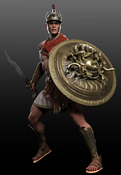 Fantasia Guerreiro grego ou romano Perseu com Medusa Sheild e Espada - Foto, Imagem