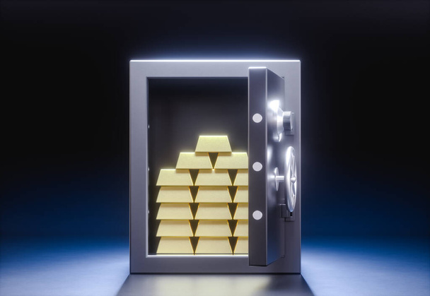 Illustrazione 3D. Una cassetta di sicurezza aperta con una pila di lingotti d'oro all'interno. Sicurezza, denaro e concetto di banca. - Foto, immagini