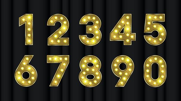 Shiny numbers in metal gold. Marquee font with bulb effect for happy birthday or anniversary cards template. Neon light text for signboard. - Vector, Image