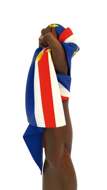 Hand fist holding Cape Verdean flag. Hand lifted and grabbing flag isolated on white background. 3d rendering of Flag wrapped around fist - Photo, Image