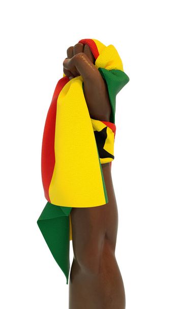Fisted hand holding Ghanaian flag. Hand lifted and grabbing flag isolated on white background. 3d rendering of Flag wrapped around fist - Photo, Image