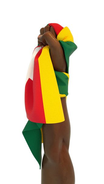 Hand fist holding Togolese flag. Hand lifted and grabbing flag isolated on white background. 3d rendering of Flag wrapped around fist - Photo, Image