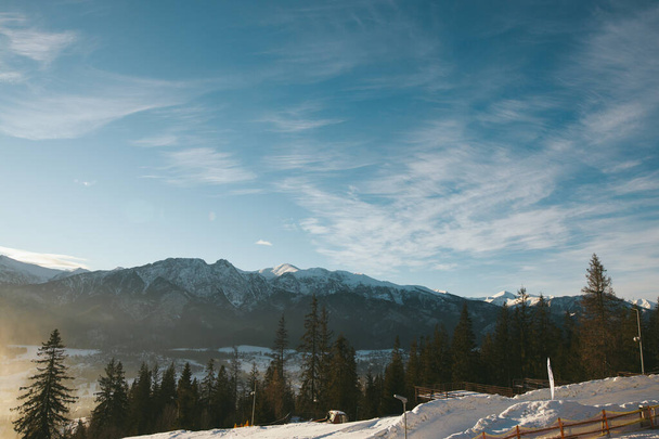 Landscape of coniferous trees and mountains against the blue sky. Winter Tatra mountains. Europe - Fotó, kép
