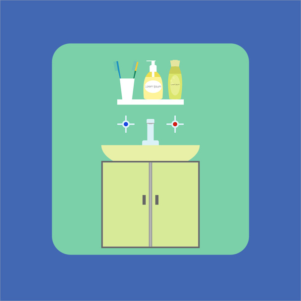 Bathroom interior icon. Washbasin. Soap, shower gel, and toothbrush. Vector - Vektori, kuva