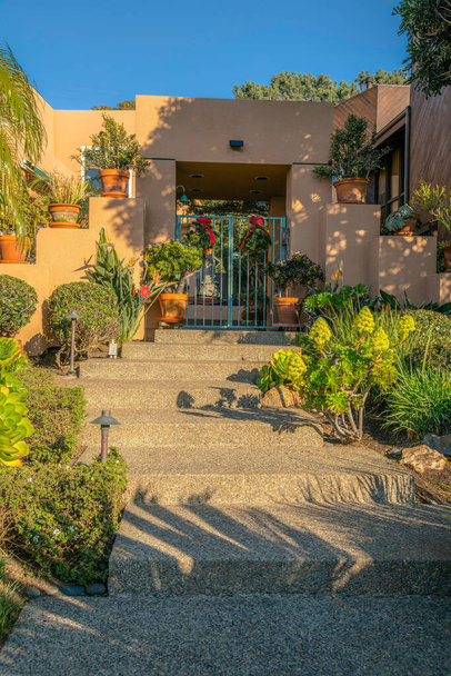 La Jolla, Kalifornien - Betonstufen am Eingang eines Hauses mit Pflanzen und Kränzen am Tor. Eingang mit seitlichem Licht gegen den Blick auf das Haus mit Topfpflanzen auf der Wand. - Foto, Bild