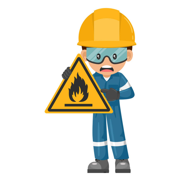 Industrial worker with flammable material hazard sign warning. Caution pictogram and icon. Worker with personal protective equipment. Industrial safety and occupational health at work - Vektor, kép