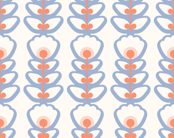 白い背景に青い輪郭を持つ白い幾何学的な花とシームレスなレトロなパターン。壁紙や生地のためのパステルカラーで60年代のスタイルのベクトル花のテクスチャ. - ベクター画像