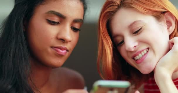 Δύο όμορφες πολυφυλετικές κοπέλες κοιτάζουν την οθόνη του κινητού τους, γελάνε και χαμογελούν.. - Πλάνα, βίντεο