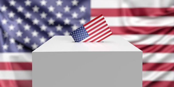 Inserting US flagged voting envelope in white ballot box on American flag background with copy space. 3D render of democratic election 2022 concept. Confidential vote bulletin. Political theme - Photo, Image