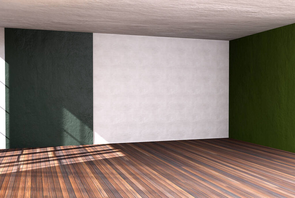 Wnętrze domu renderowania z pustym pokoju ściany kolor i ozdobione drewnianymi podłogami. Renderowanie 3D - Zdjęcie, obraz