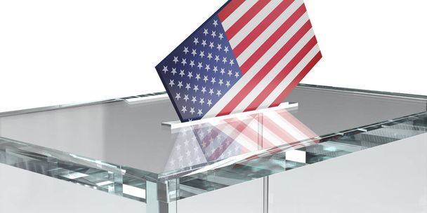 La bandera estadounidense diseñó el sobre de votación en una urna transparente, fondo blanco con espacio para copiar. Ilustración realista de renderizado 3D. Concepto de elecciones democráticas. Boletín de votación confidencial.  - Foto, Imagen