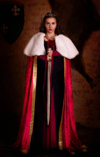 Fantastic medieval woman with a sword in her hands. Royal velvet vintage red dress with fur and gold, princess girl, queen, brunette with long hair. Castle, dusk, luxury - Fotoğraf, Görsel
