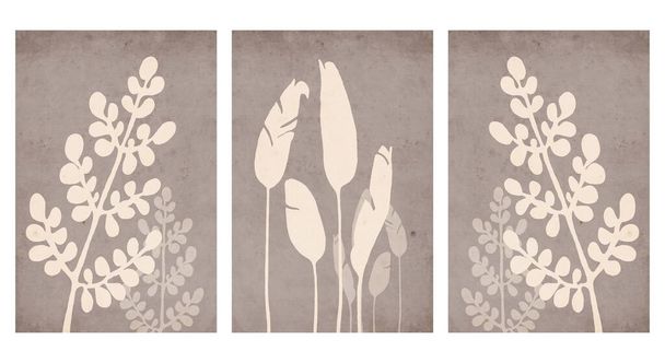 Lot de 3 Art mural botanique. Art linéaire dessin tropical avec forme abstraite.  - Vecteur, image