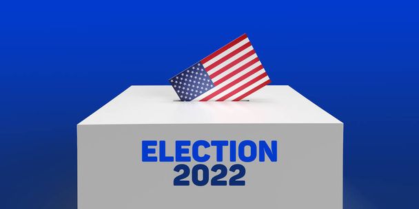 Wstawianie amerykańskiej flagi koperty do głosowania w białym polu do głosowania w wyborach 2022 na niebieskim tle z miejscem do kopiowania. 3D renderowanie koncepcji demokratycznej. Poufny biuletyn wyborczy. Temat polityczny - Zdjęcie, obraz