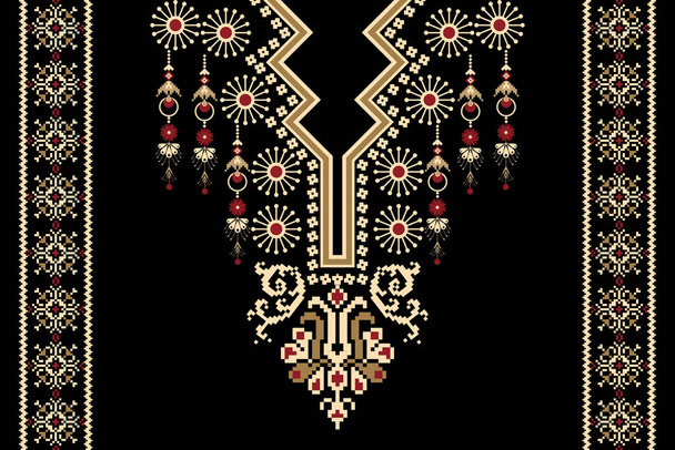 Krásná postava kmenový náhrdelník květinový geometrický vzor tradiční na černém pozadí.Aztécký styl vyšívání abstraktní vektorové ilustrace.design pro texturu, tkaniny, módní ženy na sobě. - Vektor, obrázek