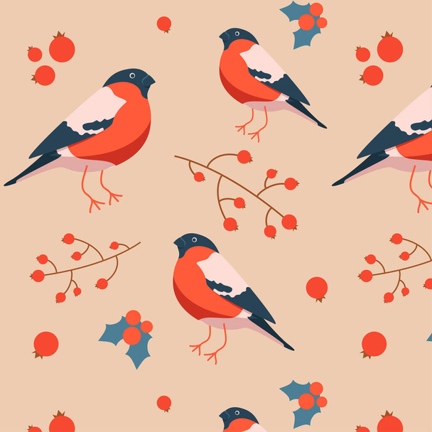 Seamless pattern with bullfinch and rowan. Winter pattern with birds and berries. Vector - Vektor, Bild