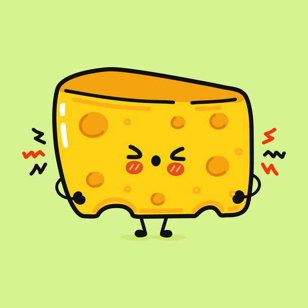 Симпатичный злой сыр. Векторный рисунок иконки персонажа карикатуры кавайи. Изолированный на зеленом фоне. Печальный сыр - Вектор,изображение