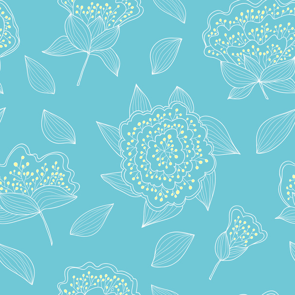 Tender and graceful seamless pattern with hand drawn flowers and leaves. Romantic endless blue background. - ベクター画像