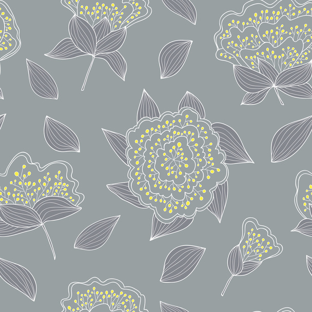 Tender and graceful seamless pattern with hand drawn flowers and leaves . Endless  gray background. - Vector, Image