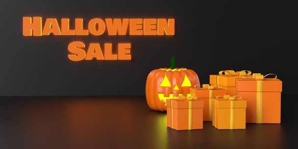 Halloween Big Sale edistäminen tekstiä, oranssi lahjapaketti ja pelottava kurpitsa mustalla taustalla, kopioi tilaa. Kausikortti, web banneri, myynti, alennus juliste malli 3D tehdä havainnollistus. - Valokuva, kuva