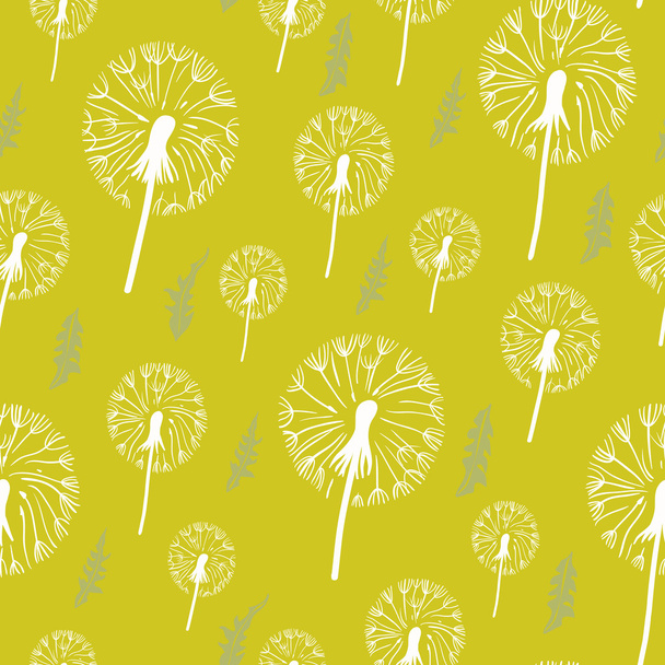 Hand drawn pattern of dandelion on a yellow background. - Vector, Imagen