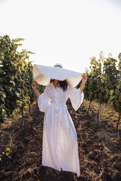 fashion outdoor photo of beautiful woman with dark hair in elegant dress and luxurious white hat posing in the vineyard on the sunset - Фото, изображение
